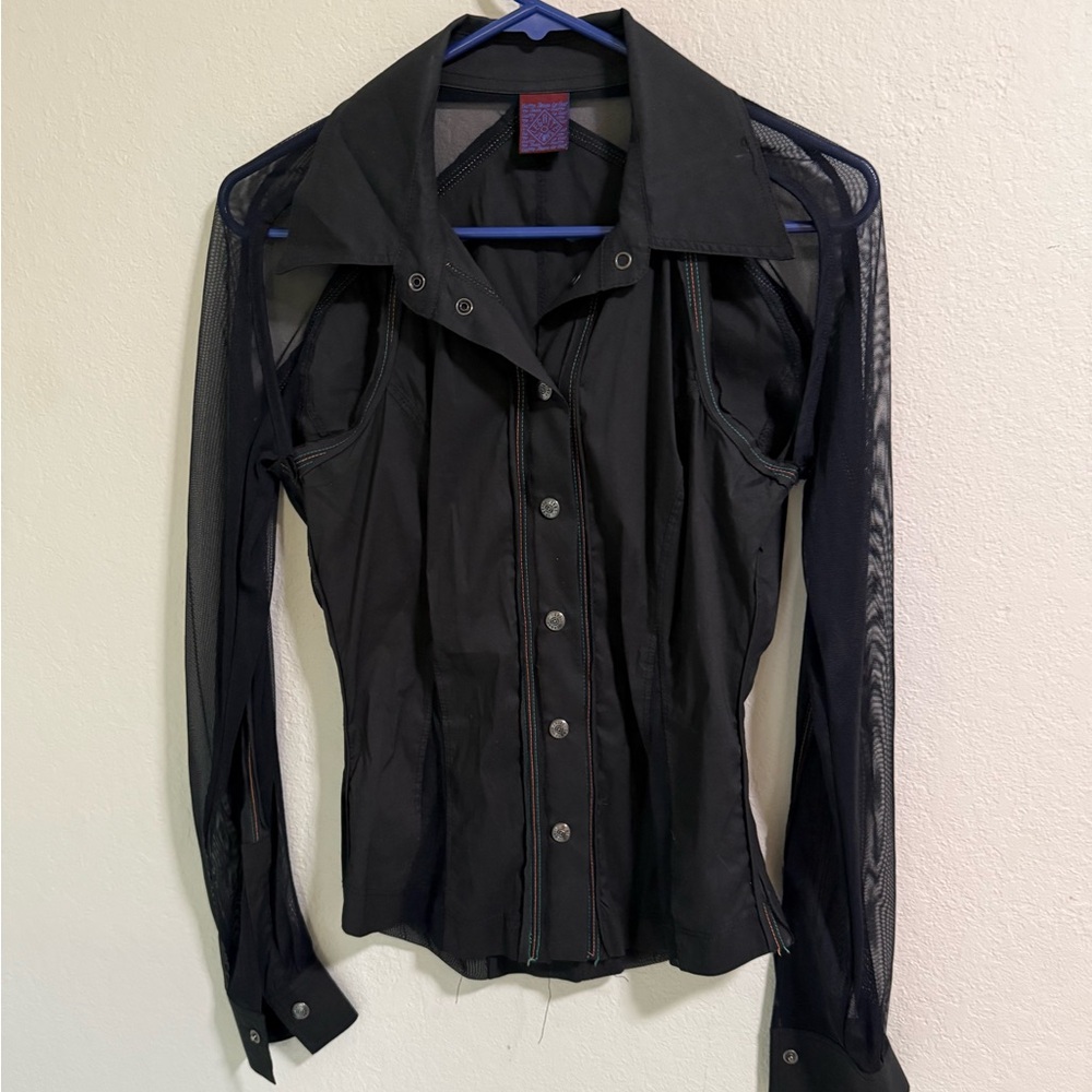 Jeansite Italy Black Mesh Sleeve Button Up Blouse Size I